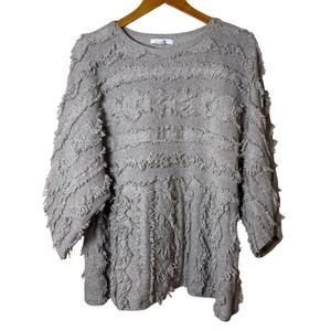 Pure Jill Women Sweater M Tall Gray Beige Fringe Textured Boho Lagenlook Element